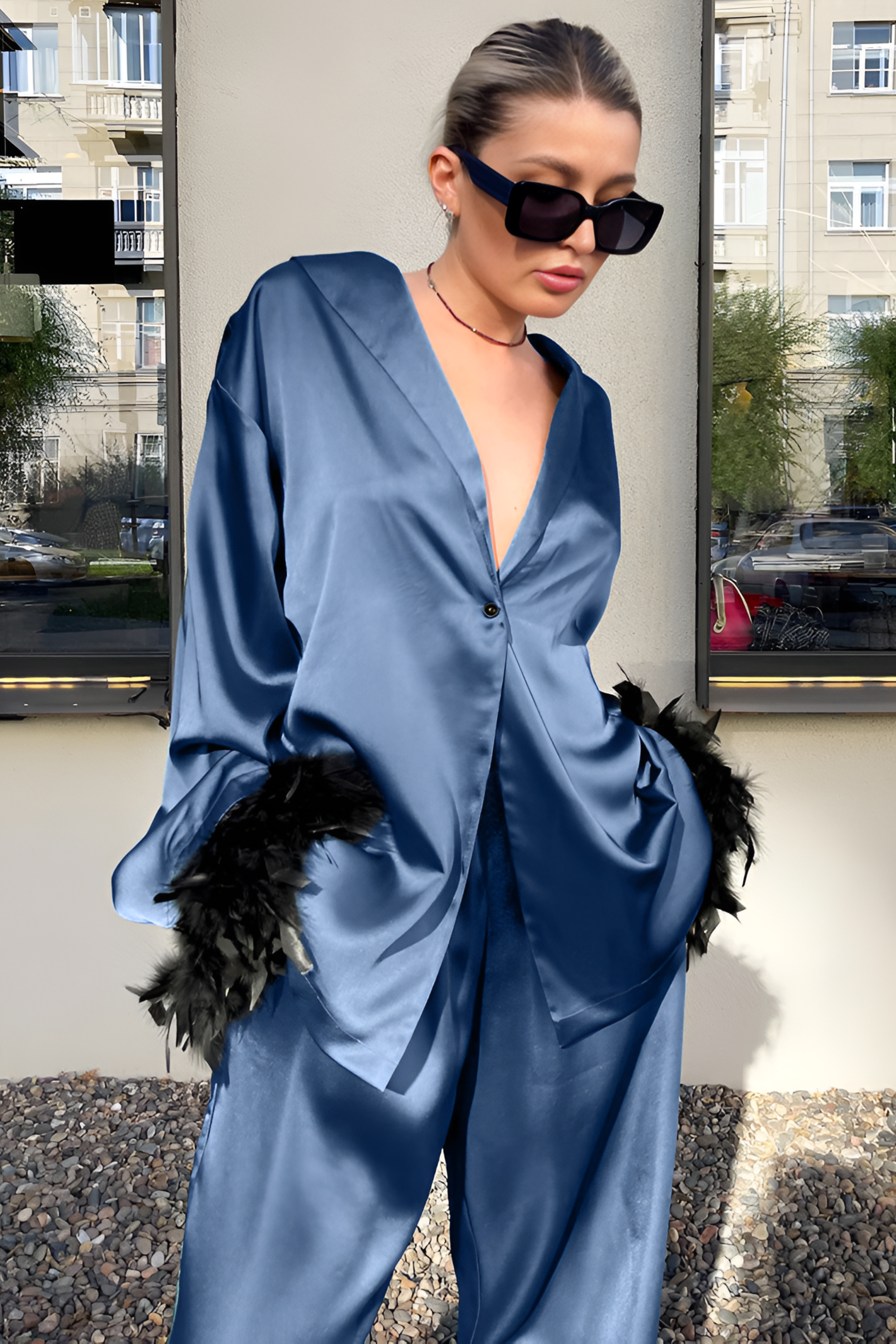 Satin Pajamas Long Sleeve Feather Cardigan Two-piece Set - Activewear Set | 8j03aj-k6.myshopify.com