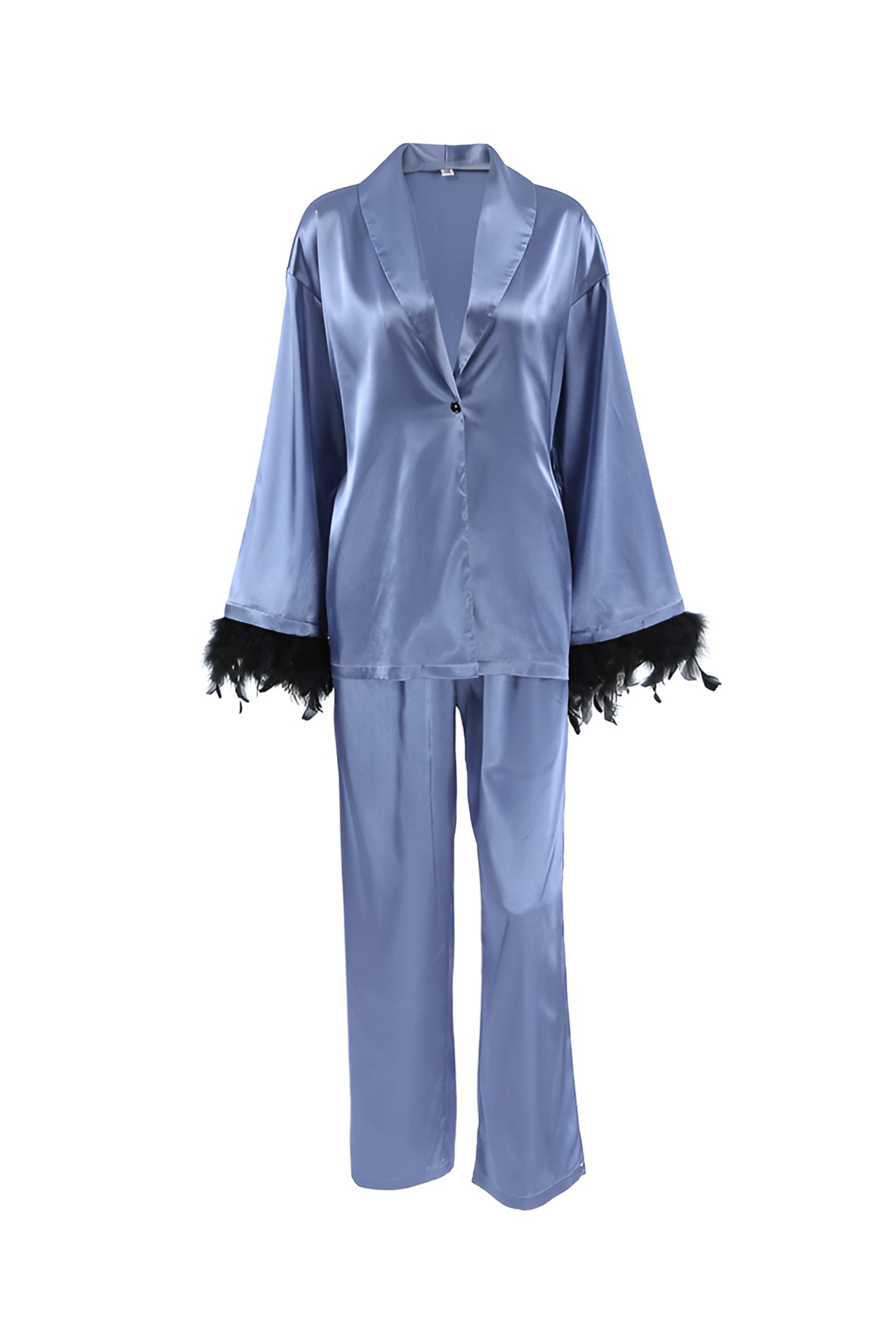 Satin Pajamas Long Sleeve Feather Cardigan Two-piece Set - Activewear Set | 8j03aj-k6.myshopify.com