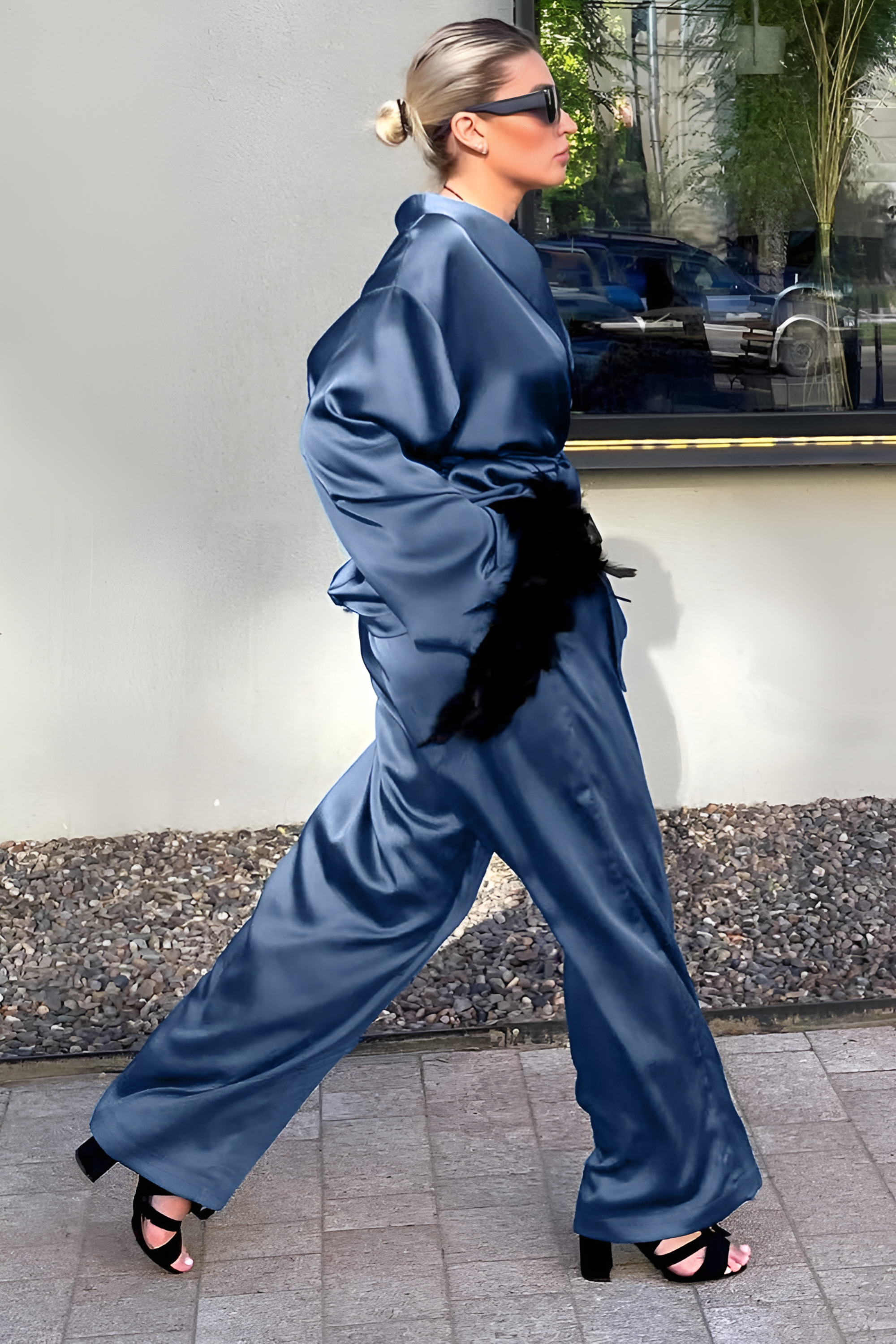 Satin Pajamas Long Sleeve Feather Cardigan Two-piece Set - Activewear Set | 8j03aj-k6.myshopify.com